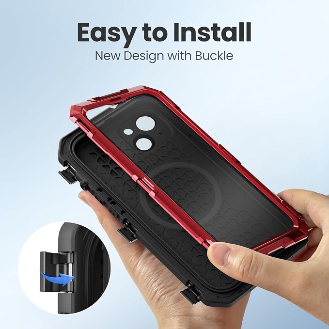 Mitywah for iPhone 14 Case with Buckle, IP68 Waterproof Military Metal Case with Built-in Screen and Camera Protector, Heavy Duty Full Body Drop Proof Shockproof Phone Cover 6.7 inch, Red