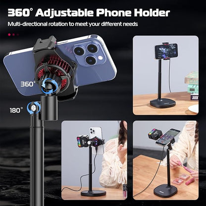 ULANZI SK-06 Cell Phone Stand with Phone Cooler, Desktop Phone Live Streaming Solution with Phone Cooling Fan, Height Adjustable Phone Cooler Stand Compatible with All Mobile Phones, iPhone & Android