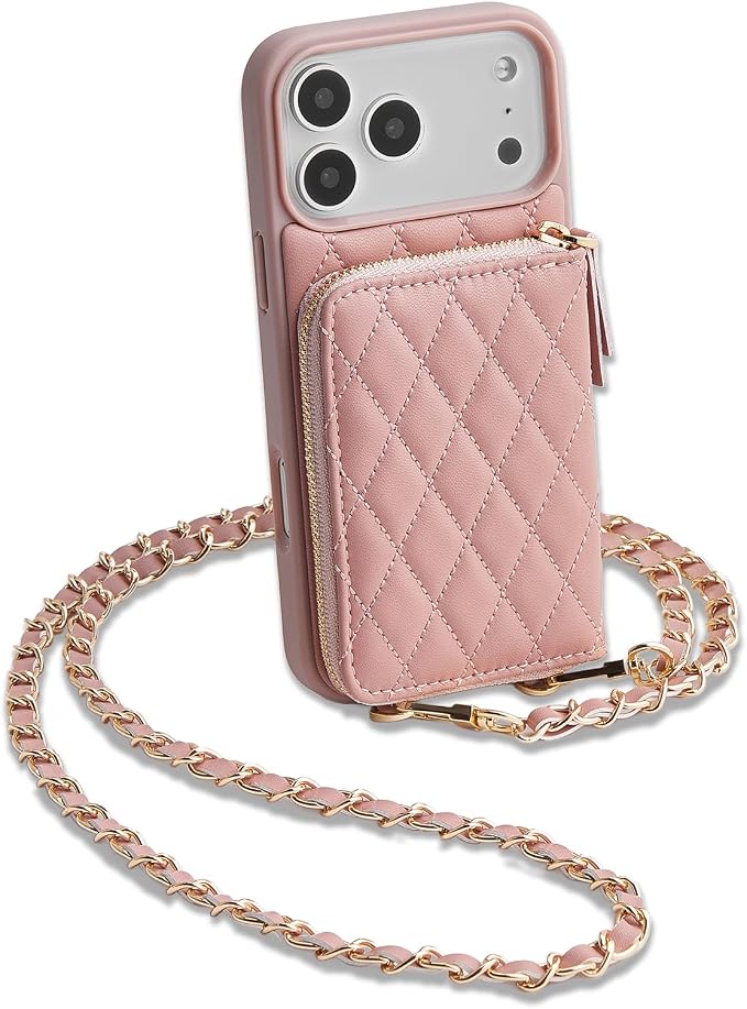 LAMEEKU for iPhone 17 Pro Case Wallet with Card Holder, Wrist Strap Crossbody Phone Cover for Women 6.3" Pink