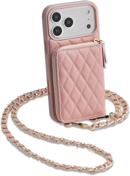 LAMEEKU for iPhone 17 Pro Case Wallet with Card Holder, Wrist Strap Crossbody Phone Cover for Women 6.3" Pink