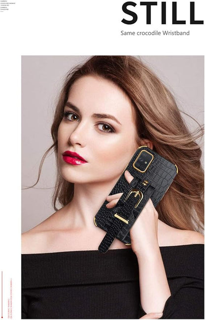 Leather Case Compatible with Samsung Galaxy A42 5G Phone Cases with Adjustable PU Wrist Strap Kickstand TPU Bumper Cover Shockproof Protective Running Armband Cool 6D Plating Shell(Red)