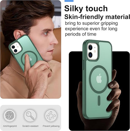Pilaru for iPhone 12 Case & iPhone 12 Pro Case [Compatible with Magsafe] Translucent Matte Magnetic Case with Screen Protector,SlimThin Shockproof Protection Case for iPhone 12 & 12 Pro-Dark Green