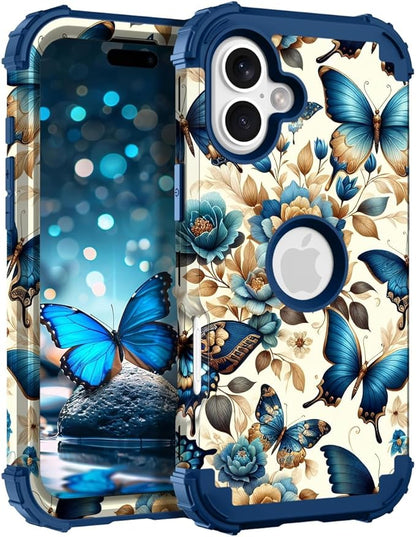 Hocase for iPhone 16 Plus Case 6.7", Heavy Duty Shockproof Protection Soft Silicone Rubber+Hard Plastic Bumpers Hybrid Protective Case for iPhone 16 Plus 2024 - Blue Butterflies