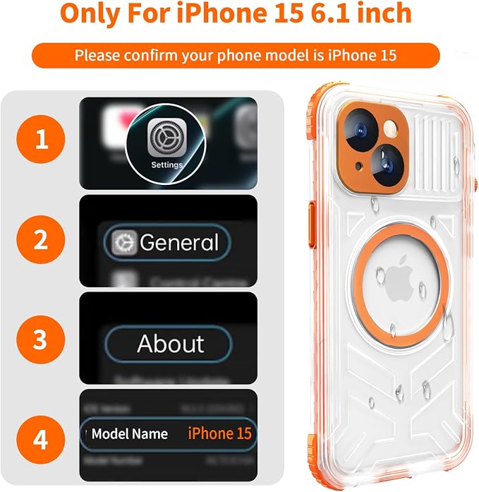for iPhone 15 Waterproof Case Compatible with MagSafe, Translucent Slim IP68 Underwater Built-in Screen Protector, 12FT Military Grade, 360 Full Body Protective Cover 6.1 inch (Orange)
