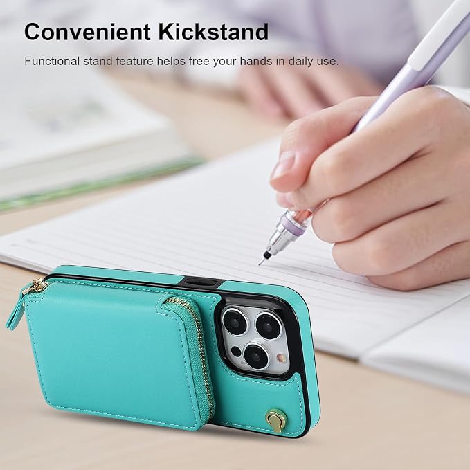 Bocasal Crossbody Wallet Case for iPhone 15 Pro Max, RFID Blocking Leather Purse Case with Card Holder, Protective Handbag Flip Cover with Zipper Wrist Strap Lanyard for Women 5G 6.7 Inch (Mint Green)