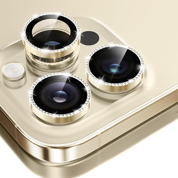 GolbinBox Camera Lens Protector for iPhone 14 Pro/14 Pro Max, 1:1 Invisible Fit, 9H Tempered Glass Ultra HD Metal Individual Camera Cover for Women, Case Friendly, Bling/Gold