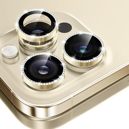 GolbinBox Camera Lens Protector for iPhone 14 Pro/14 Pro Max, 1:1 Invisible Fit, 9H Tempered Glass Ultra HD Metal Individual Camera Cover for Women, Case Friendly, Bling/Gold
