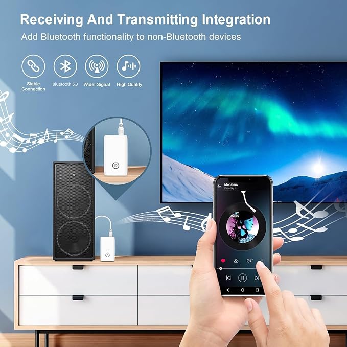 Upgraded Bluetooth 5.3 Transmitter Receiver, 2 in 1 Wireless Bluetooth Adapter, Portable Aux Adapter for Car, Audio Receiver for Laptop, Radio, Headphones, Speakers, TV, White
