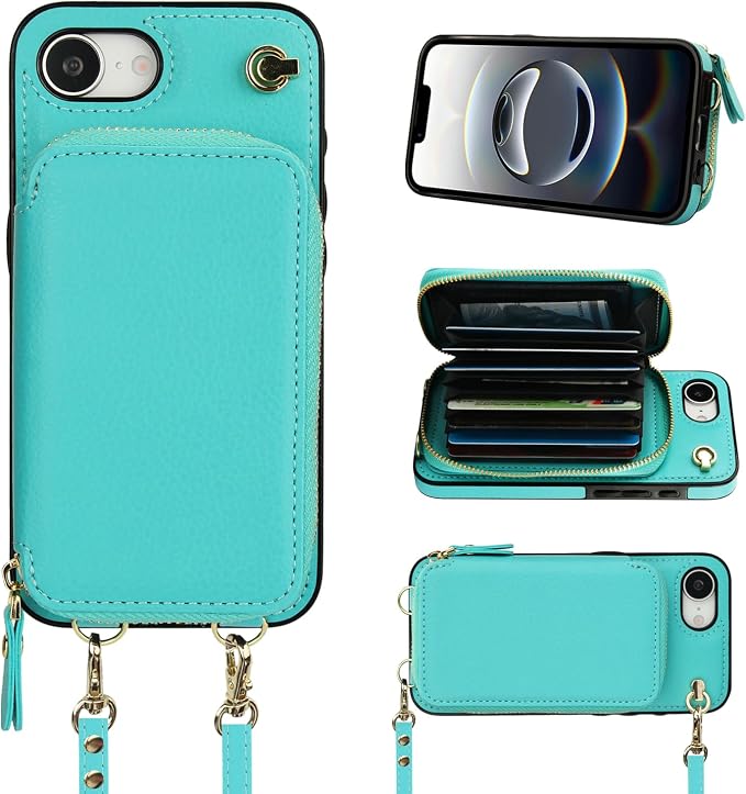 Bocasal Crossbody Wallet Case for iPhone 17e/16e, RFID Blocking Leather Purse Case with Card Holder, Protective Handbag Flip Cover with Zipper Wrist Strap Lanyard for Women 5G 6.1 Inch (Mint Green)