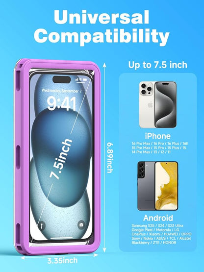 APRUT Waterproof Phone Pouch Case 7.5", 2025 Upgraded IPX8 Waterproof Phone Case for Snorkeling, Universal Fit for iPhone 16 Pro Max 15 14 13, Galaxy S25, Beach Vacation Essentials (Purple)