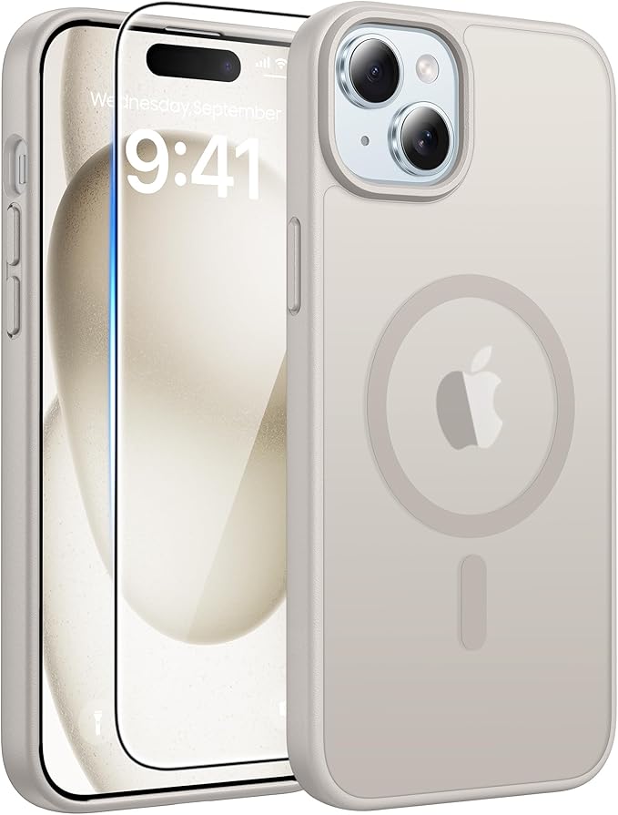 FNTCASE for iPhone 15 Case: for iPhone 14 Case & iPhone 13 Case [Compatible with Magsafe] Translucent Matte Cases with [Screen Protector] Military Grade Shockproof Protective Phone Cover - Off White