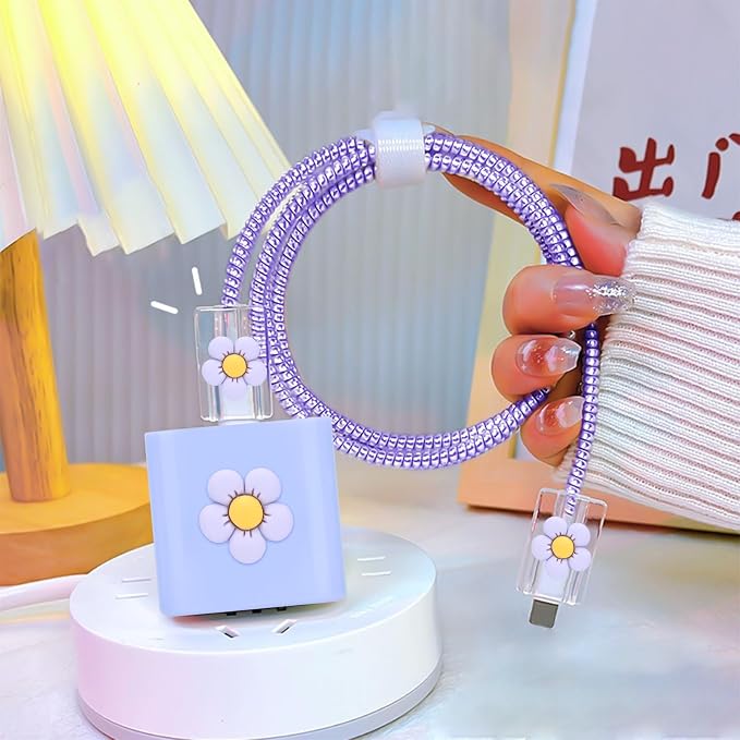 CameCosy DIY Phone Charger Case Storage Set with Earphone Wire Saver and Lovely Cable Storage Bag, Cute Charger Protector Cord Organizer for iPhone (Purple Flower)