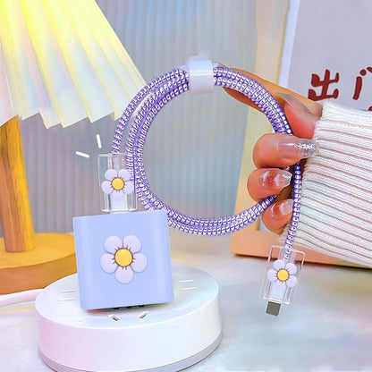 CameCosy DIY Phone Charger Case Storage Set with Earphone Wire Saver and Lovely Cable Storage Bag, Cute Charger Protector Cord Organizer for iPhone (Purple Flower)