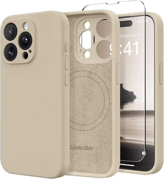 Magnetic for iPhone 15 Pro Case, Compatible with MagSafe, [Full Camera Protection][Screen Protector] Silicone Shockproof Protective Phone Case for iPhone 15 Pro 6.1", Khaki