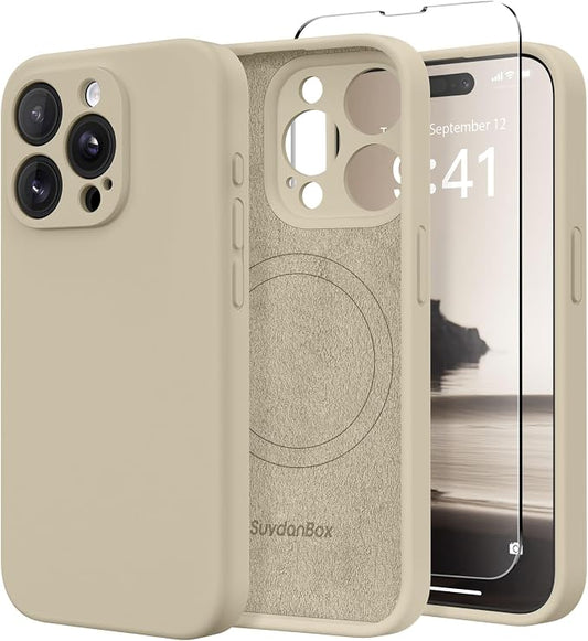 Magnetic for iPhone 15 Pro Max Case, Compatible with MagSafe, [Full Camera Protection][Screen Protector] Silicone Shockproof Protective Phone Case for iPhone 15 Pro Max 6.7", Khaki
