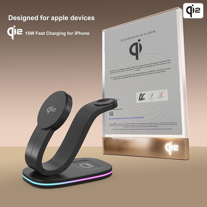 Wireless Charging Station, Qi2 15W 4-in-1 Charger Station for iPhone 17/16/15/14/13/12 Series, Watch Airpods 1-8/Ultra, iPad, AirPods (Black 4 in 1)