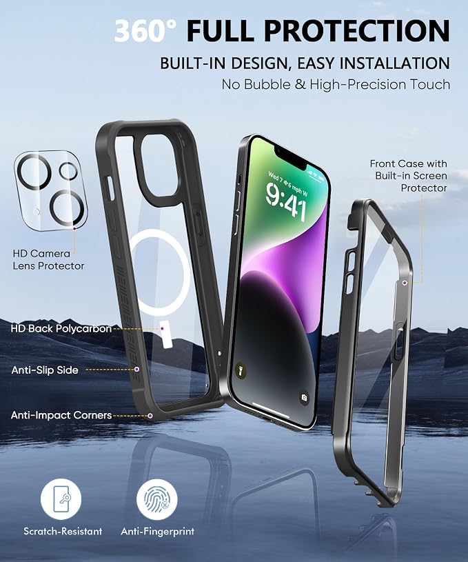 Compatible with iPhone 14 Case, Built-in Screen Protector, with Camera Lens Protector, [Compatible with MagSafe] Full Body Phone Case, Magnetic Protective Cover for 14 6.1" (Black)