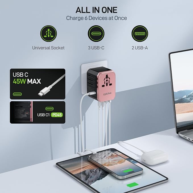 EPICKA Universal Travel Adapter GaN 45W, European Travel Plug Adapter with PD&QC Fast Charging(2 USB-A & 3 USB-C) - Worldwide Travel Essentials, International Power Adapter for UK/US/AU (Rose Gold)