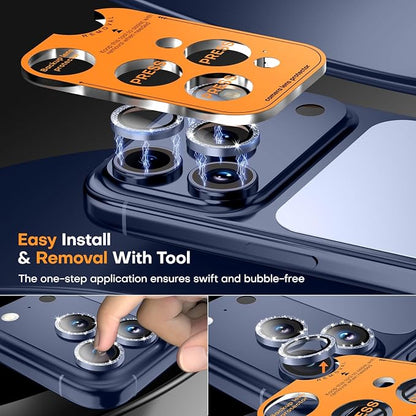 Camera Lens Protector for iPhone 17 Pro Max/17 Pro/16 Pro Max/16 Pro/15 Pro Max/15 Pro/14 Pro Max/14 Pro,Tempered Glass Metal Individual Camera Cover[Anti-drop]Case Friendly- Glitter Deep Blue