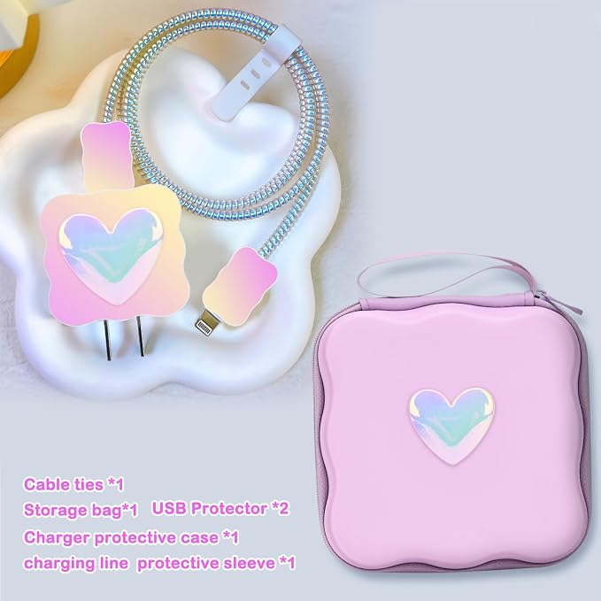CameCosy DIY Phone Charger Case Storage Sets Cable Protector Earphone Wire Saver with Purple Wave Travel Storage Bag, Cable Charger Protector Cord Organizer for iPhone (Pearl Heart)