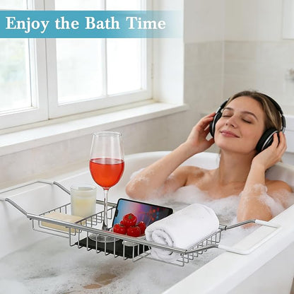 Cabilock Stainless Steel Expandable Bathtub Tray, Chrome Polished Telescopic Bath Tub Shelf, Bathroom Organizer for Soap, Shampoo, Phone and Sundries