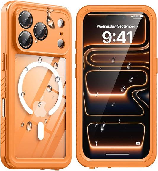 ANTSHARE for iPhone 17 Pro Case, Compatible with Magsafe, IP68 Waterproof Case, [Built-in Screen Protector] - 12 FT Military Dropproof - Full Body Heavy Duty Rugged Phone Cover - Orange/Clear