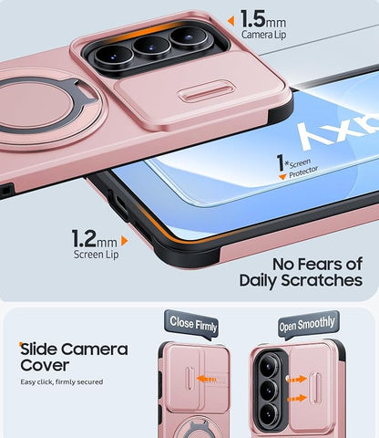 JAME for Samsung Galaxy S26+ Plus Case, Ring Holder Stand Kickstand, Slide Camera Cover with Screen Protector, Dual-Layer Shockproof Protective, Magnetic Accessory Friendly S26 Plus Phone Case, Pink