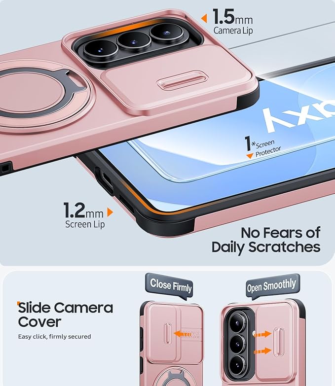 JAME for Samsung Galaxy S26 Case, Ring Holder Stand Kickstand, Slide Camera Cover with Screen Protector, Dual-Layer Shockproof Protective, Magnetic Accessory Friendly Galaxy S26 Phone Case, Pink