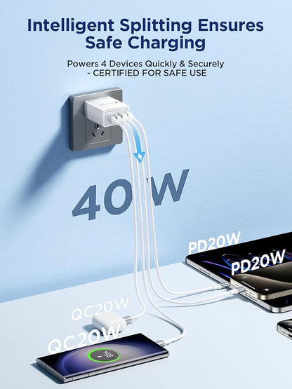 3 Pack USB C Charger Block, 40W 4-Port Fast Charger 20W Type C Charging Block 3.1A USB Wall Charger Dual Port PD+QC Charging Cube for iPhone 17 16 15 14 13 12 Pro Max XS, iPad, Samsung Phone, Tablet