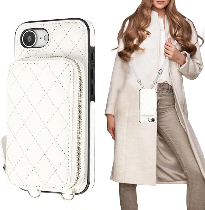 Bocasal Crossbody Wallet Case for iPhone 17e/16e, RFID Blocking PU Leather Zipper Handbag Purse Flip Cover, Kickstand Folio Case with Card Slots Holder Wrist Strap Lanyard 6.1 Inch 5G (White)