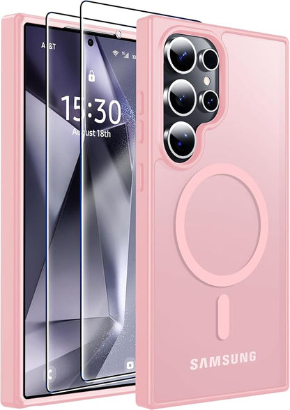 MOZOTER for Samsung Galaxy S24 Ultra Case,[Compatible with MagSafe] Pink | [12Ft Military Dropproof][2*Screen Protector]Translucent Anti-Slip Back Slim Shockproof Case for S24 Ultra-Pink