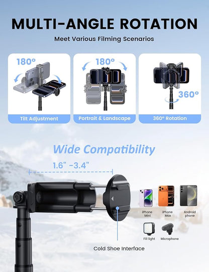 Lamicall 65" Phone Tripod & Selfie Stick - [Tap-to-Open] iPhone Tripod with Remote & Cold Shoe, Aluminum Phone Stand for Recording Compatible with iPhone for Video Recording Live Stream Vlog Black