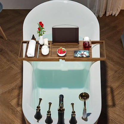 Premium Teak Bathtub Tray Caddy, Wooden Bath Caddy Trays for Bathtub, Bath Tub Wood Tray Table for Tub,Expandable Size, Fits Most Bath Tubs