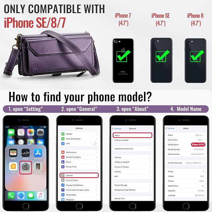 Strapurs Crossbody Wallet Case Compatible with iPhone SE/7/8 RFID Blocking 7-Card Holder Soft PU Leather Magnetic Snap Shoulder Strap Zipper Pocket Phone Cases Fit for iPhone SE 2020 2022 - Purple
