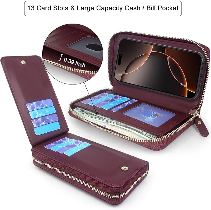 Lacass for iPhone 16 Pro Max 6.9 inch 2024 Wallet Case, Crossbody Dual Zipper Detachable Magnetic Leather Wallet Case Cover Wristlets Wrist Strap 13 Card Slots Money Pocket(Floral Wine Red)