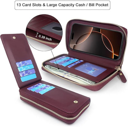 Lacass for iPhone 16 Pro Max 6.9 inch 2024 Wallet Case, Crossbody Dual Zipper Detachable Magnetic Leather Wallet Case Cover Wristlets Wrist Strap 13 Card Slots Money Pocket(Floral Wine Red)