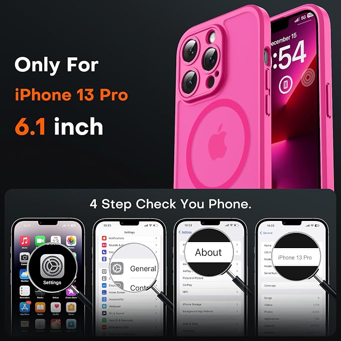TOCOL for Phone 13 Pro Case, Compatible with Magsafe Charger, Full Camera Protection, Drop Protection, Translucent Matte Phone Case for iPhone 13 Pro 6.1 inch (Hot Pink)