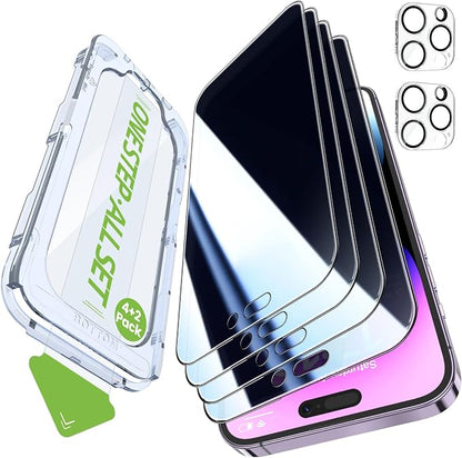 iGluz 4+2 Pack for iPhone 14 Pro Max Privacy Screen Protector with Camera Lens Protector 6.7 inch,9H+Tempered Glass[Military Grade Shatterproof &100% Anti-Spy],3D Micro-Curved Edges[Longest Durable]