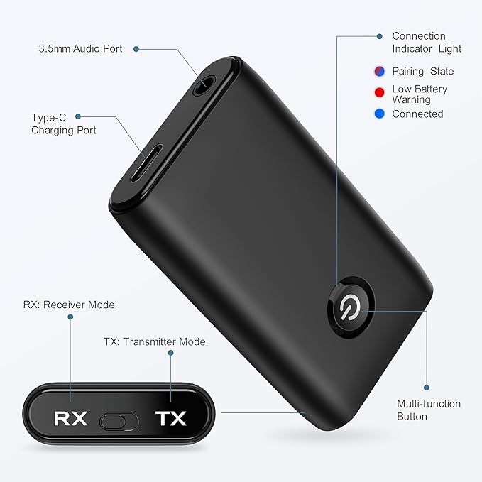 Aux Bluetooth Adapter for Car, Upgraded Bluetooth 5.3 Transmitter Receiver, Portable Wireless Adapter, 2-in-1 Aux Audio Receiver for Laptop, Radio, Headphones, Speakers, TV
