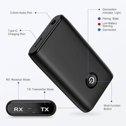 Aux Bluetooth Adapter for Car, Upgraded Bluetooth 5.3 Transmitter Receiver, Portable Wireless Adapter, 2-in-1 Aux Audio Receiver for Laptop, Radio, Headphones, Speakers, TV