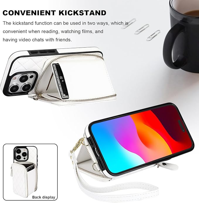 Bocasal Crossbody Wallet Case for iPhone 15 Pro, RFID Blocking PU Leather Zipper Handbag Purse Flip Cover, Kickstand Folio Case with Card Slots Holder Wrist Strap Lanyard 5G 6.1 Inch (White)