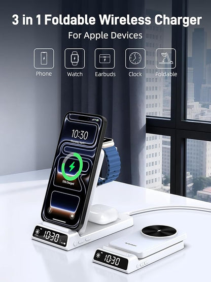 3 in 1 Charging Station for Apple, Magnetic Charger for iPhone, Foldable Wireless Charger with Clock, Travel Watch Charger Stand for iPhone 17/Air/16/15 Series, iWatch 10/AirPods 4 (White)