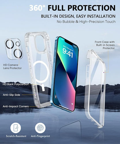 Magnetic for iPhone 13 Case, [Design for MagSafe] Built-in Screen Protector, with Camera Lens Protector, Full Body Shockproof Protective Bumper Phone Case 6.1 Inch - Clear