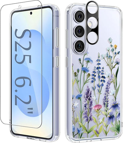 GVIEWIN for Samsung Galaxy S25 Case, Clear Floral Slim Shockproof Protective Women Phone Case, Non-Yellowing, with Screen Protector & Camera Lens Protector for Galaxy S25 6.2", Sweet Posy/Green