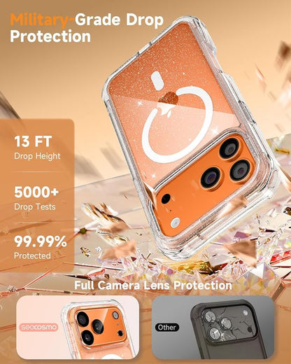 seacosmo Magnetic for iPhone 17 Pro Max Case for Women, Girly, Men, Full Body with Built-in Screen and Camera Lens Protector, Anti-Yellowing, Shockproof Cute Phone Case, 6.9", Clear Glitter