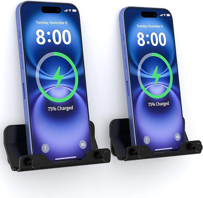 HomeMount Wall Phone Holder - Hands Free Wall Mount Phone Holder with Adhesive Strip Wall Mount Phone Holder for Bedroom Living Room Kitchen Compatible with All Phone or Mini ipad Black (1PCS)