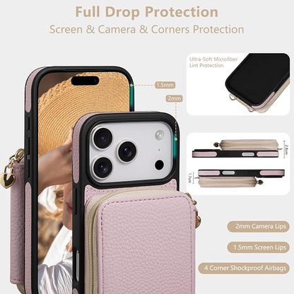 Keallce Case for iPhone 17 Pro 6.3'' Case Wallet, Crossbody Zipper Purse with RFID Blocking Card Slots Kickstand, Lanyard & Handstrap Flip Folio Leather Phone Cover for iPhone 17 Pro, Pink