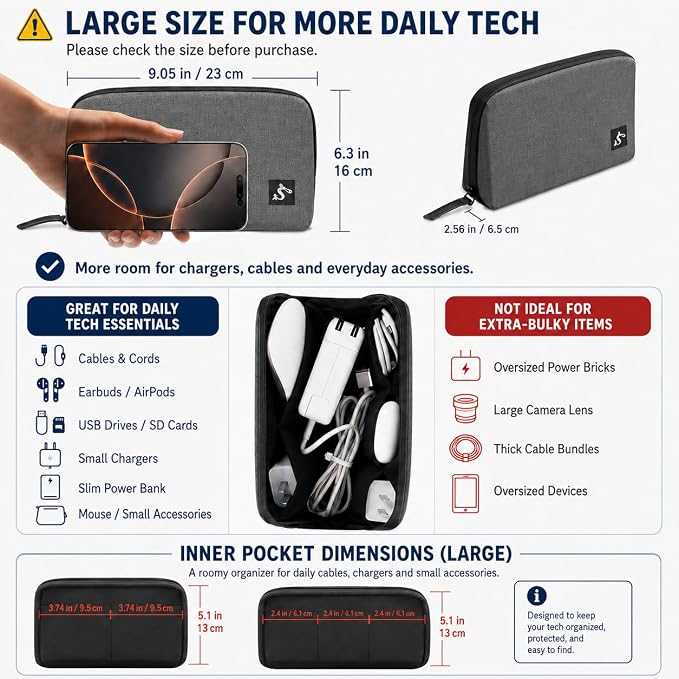 simtoper Electronic Organizer Travel Case – Waterproof Cable Bag for Cord, Charger, Hard Disk, Power Bank – Small Tech Storage for Travel, Backpack, Business Trip, Airplane