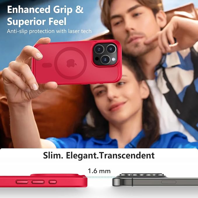 MOCCA Strong Magnetic for iPhone 15 Pro Case, [Compatible with Magsafe][13FT Military Drop Protection] Slim Translucent Matte Shockproof Case for iPhone 15 Pro Phone Case 6.1'', Red