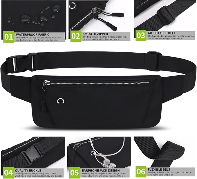 Lightweight Running Belt for Phone with Waterproof Fanny Pack, Adjustable Buckle, and Earphone Port - Store Essentials Snugly for Fitness, Cycling, and Travel, Black, One Size, Sport, XYB-1